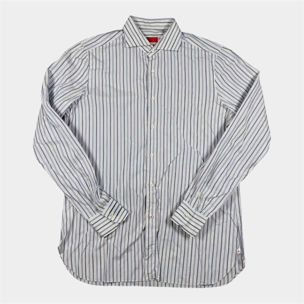 Isaia Napoli Button Down Dress Shirt Mens Size 16.5/42 Cotton Stripe Blue Italy
